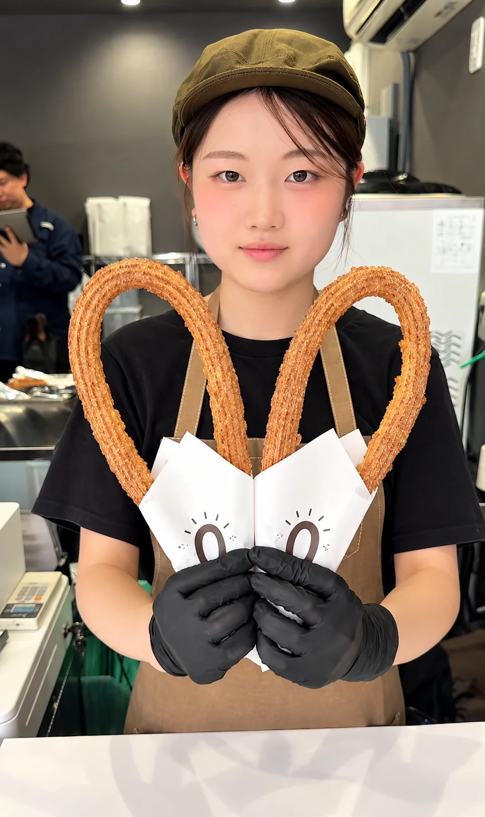ハート形に揚げたチュロスを2本持つ大須店のスタッフ